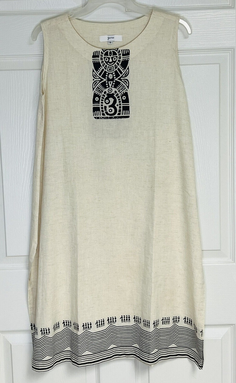 Geru Indian Beige Black Indian Block Print Tribal Tunic Dress Small
